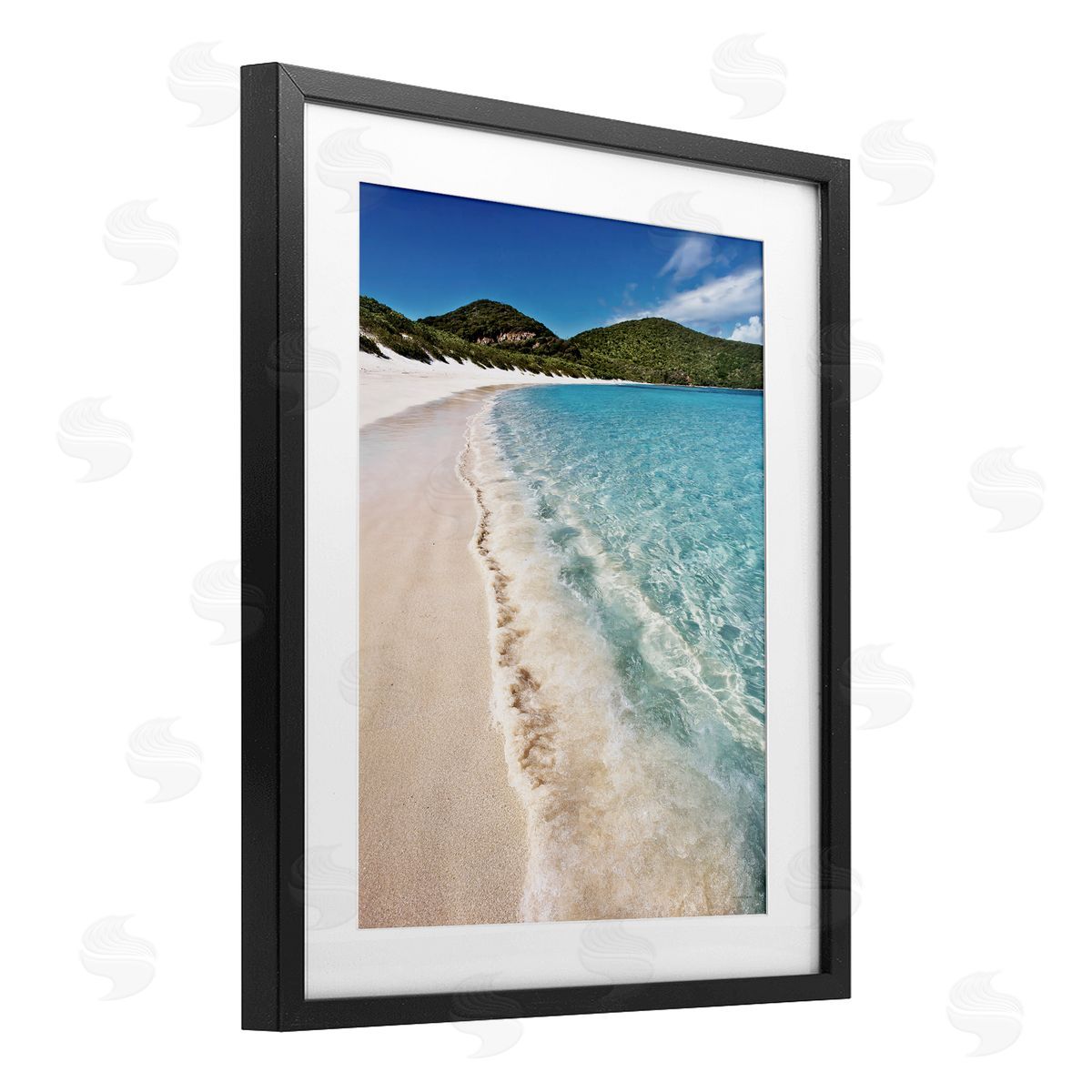 Seven Trees Design Caribbean Beach Coast Black Framed Print Under Glass with White Mat Wall Art