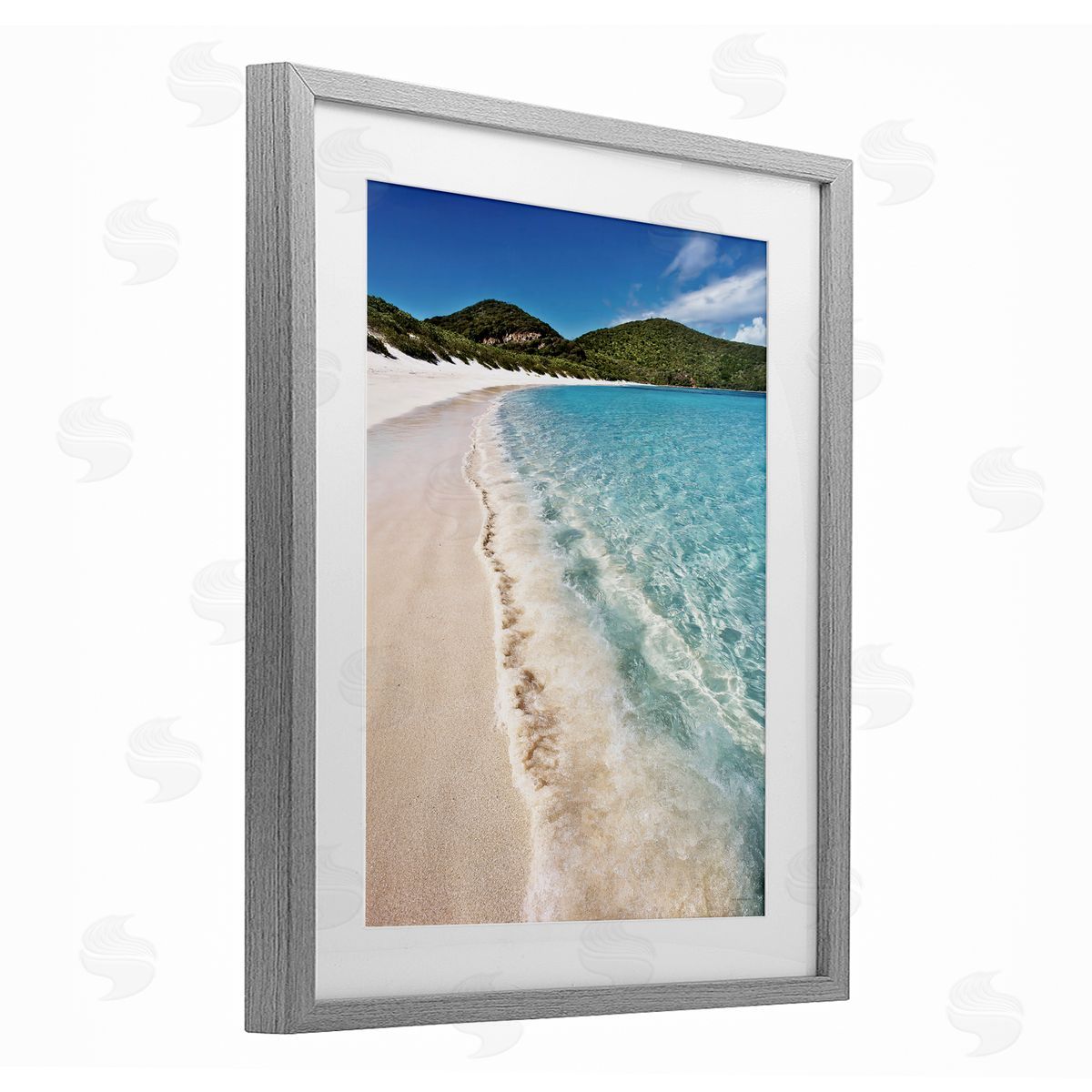 Seven Trees Design Caribbean Beach Coast Gray Framed Print Under Glass with White Mat Wall Art