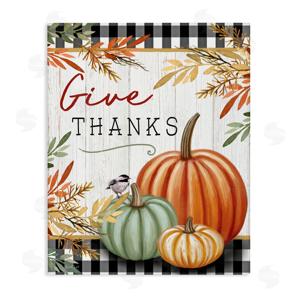 Elizabeth Tyndall Give Thanks Gingham & Pumpkins Canvas Wall Art Print