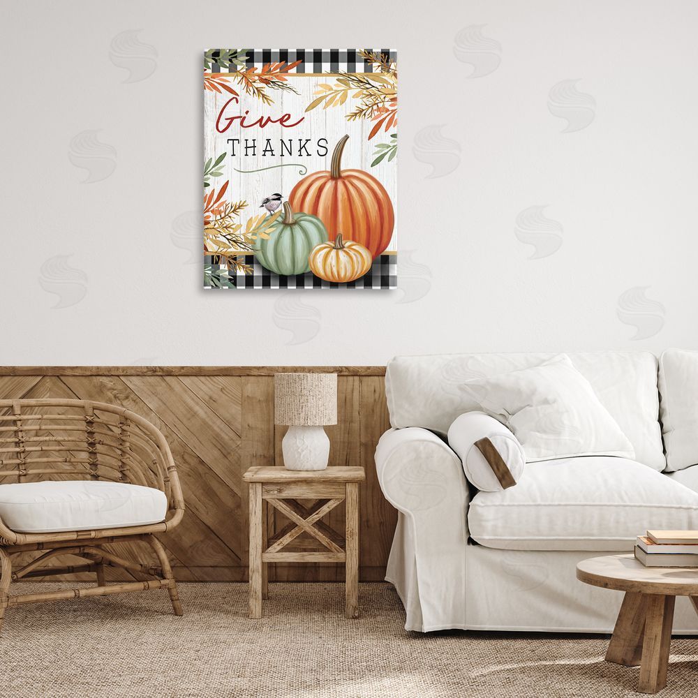 Elizabeth Tyndall Give Thanks Gingham & Pumpkins Printed Wall Art in Room