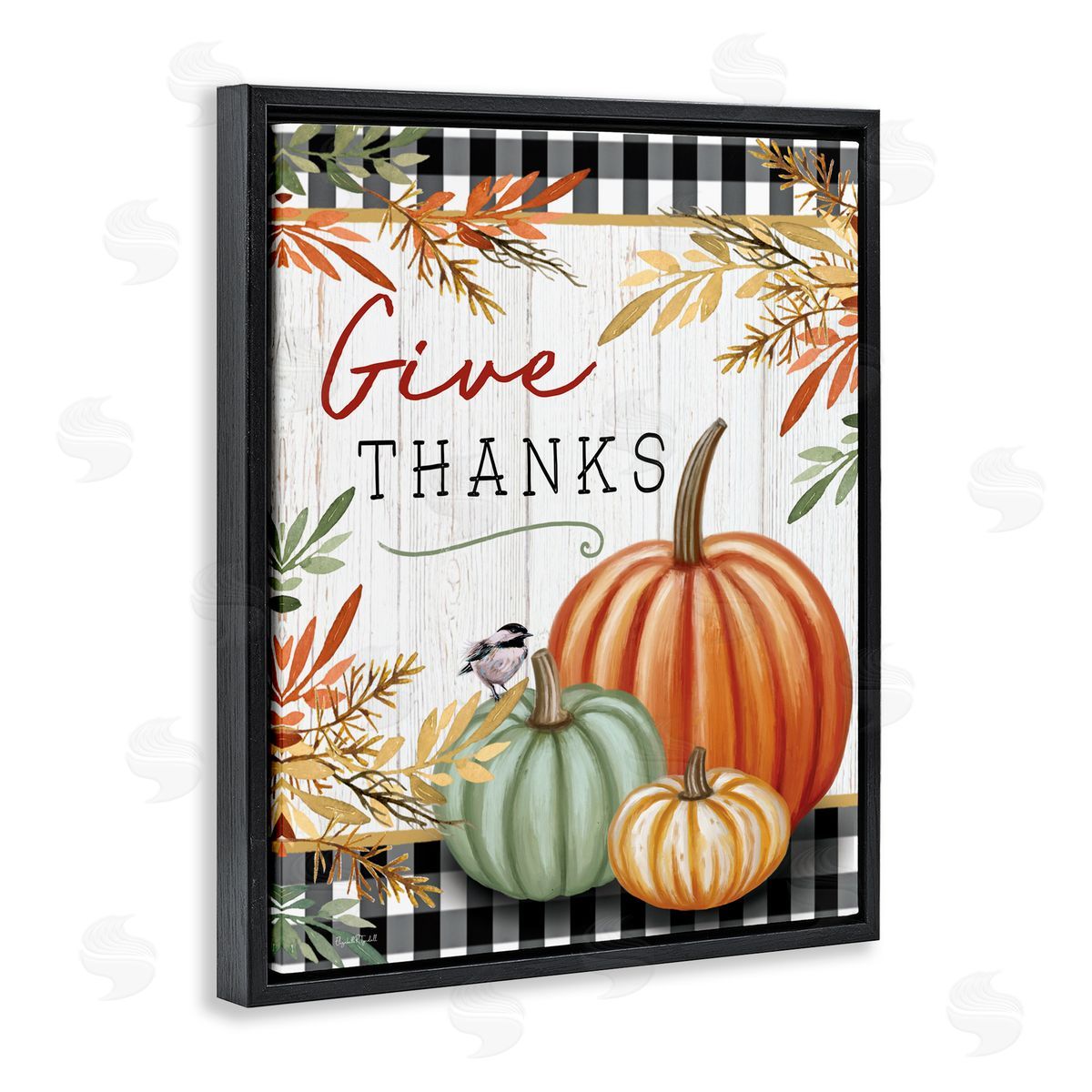 Elizabeth Tyndall Give Thanks Gingham & Pumpkins Black Floating Frame Canvas Wall Art Print