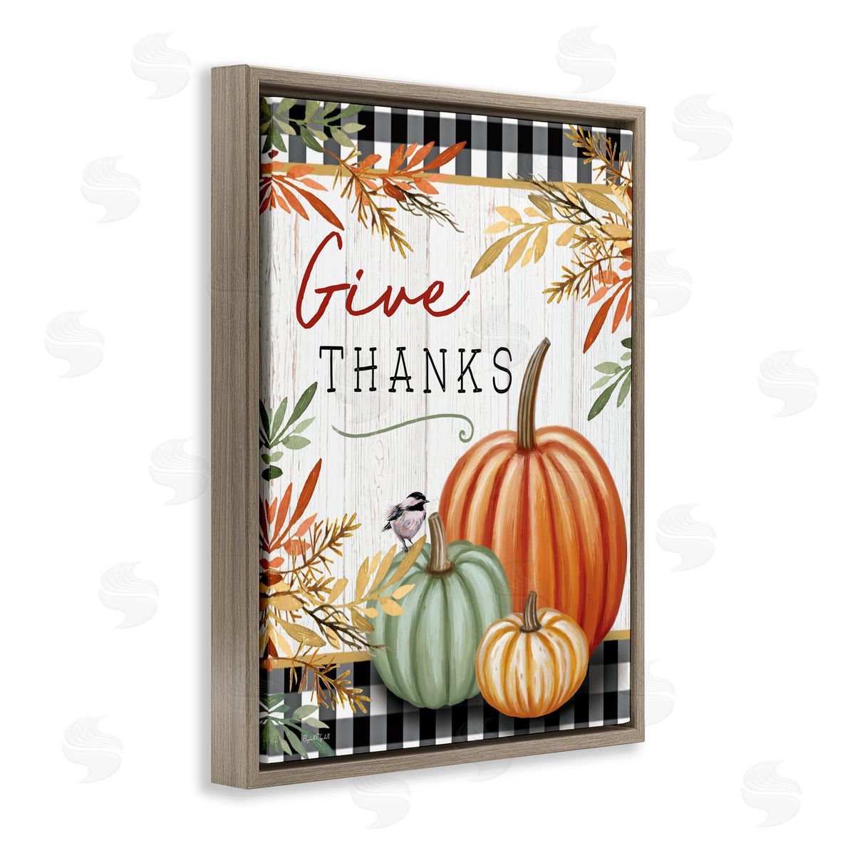 Elizabeth Tyndall Give Thanks Gingham & Pumpkins Brown Floating Frame Canvas Art Print