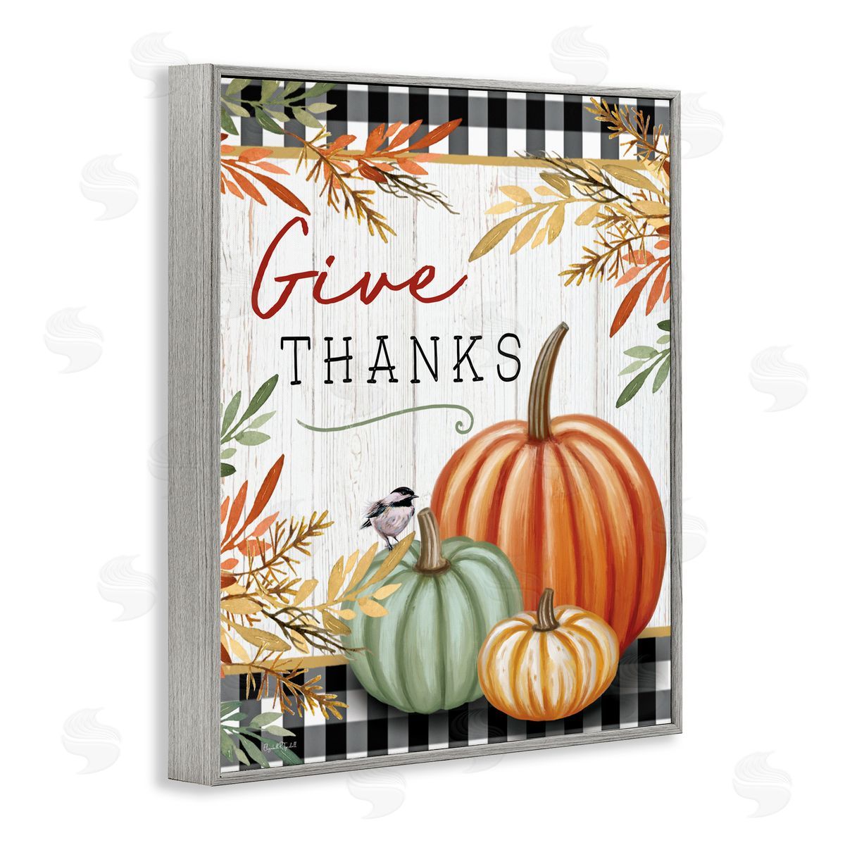 Elizabeth Tyndall Give Thanks Gingham & Pumpkins Gray Framed Giclee Art Print