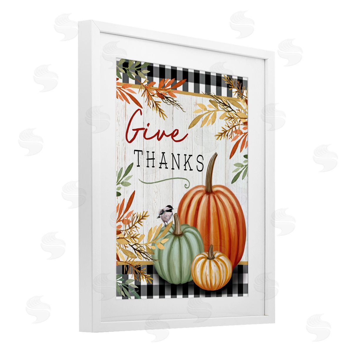 Elizabeth Tyndall Give Thanks Gingham & Pumpkins White Framed Print Under Glass Art