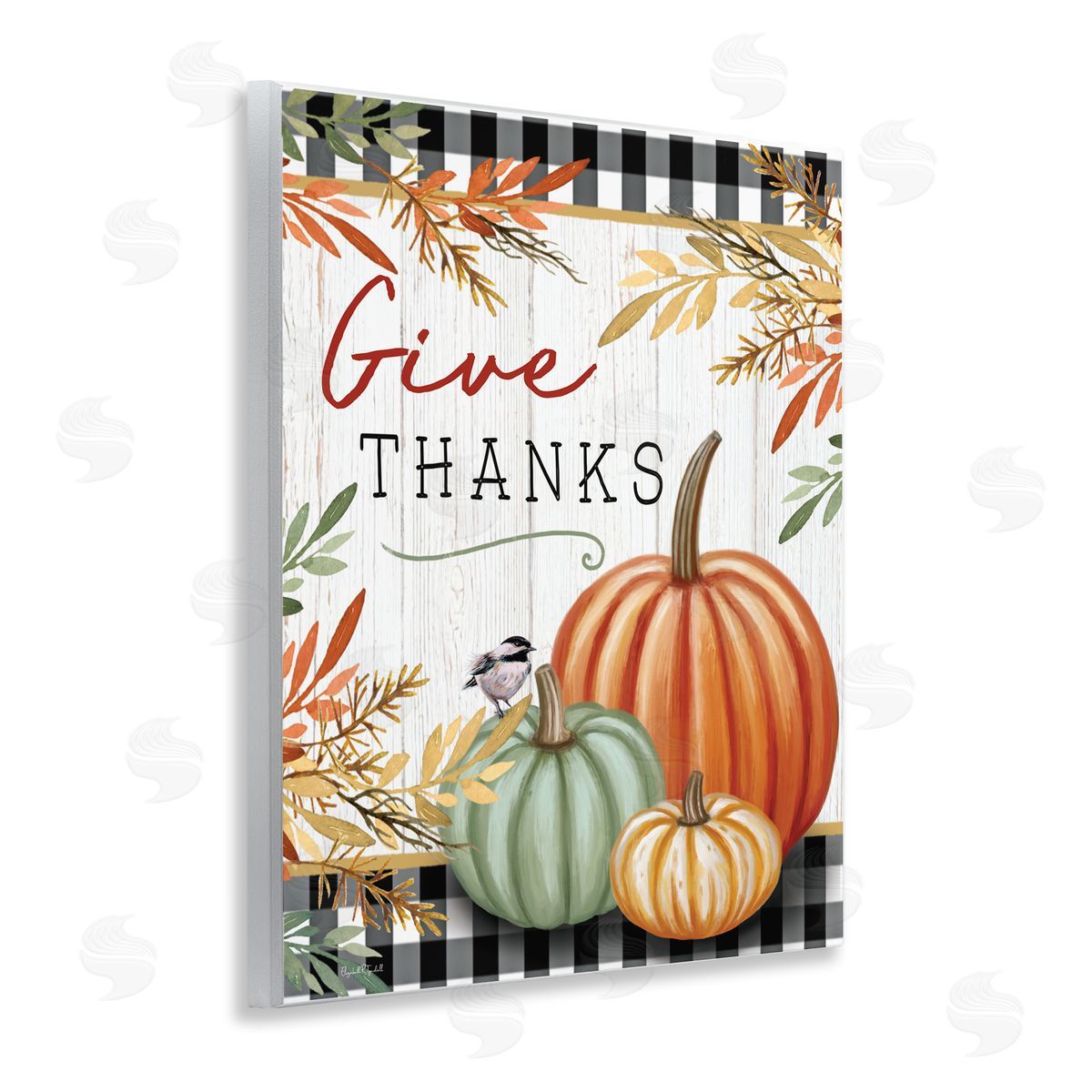 Elizabeth Tyndall Give Thanks Gingham & Pumpkins Wall Plaque Art Print