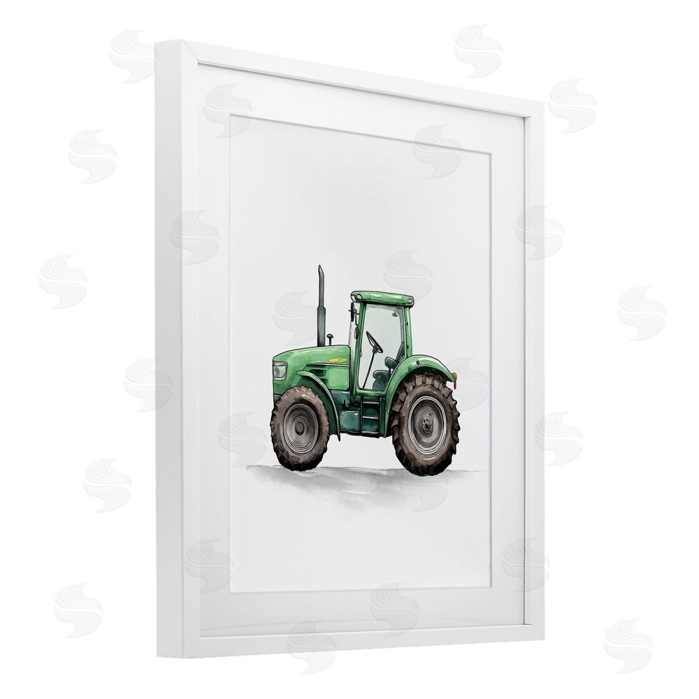Christine Simpson Art Working Trucks Green Tractor White Framed Print Under Glass with Mat Wall Art