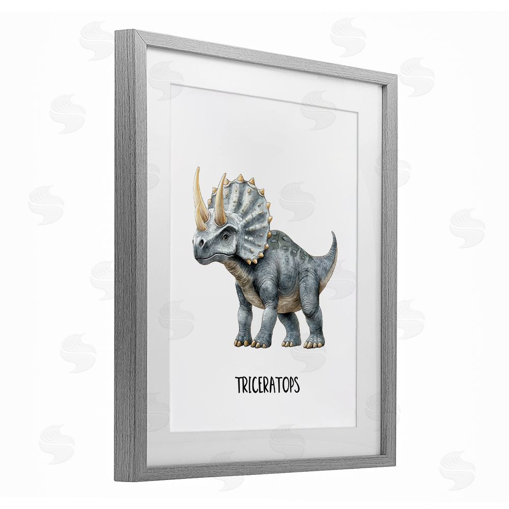 Christine Simpson Art Meet The Triceratops Gray Framed Print Under Glass with White Mat Wall Art