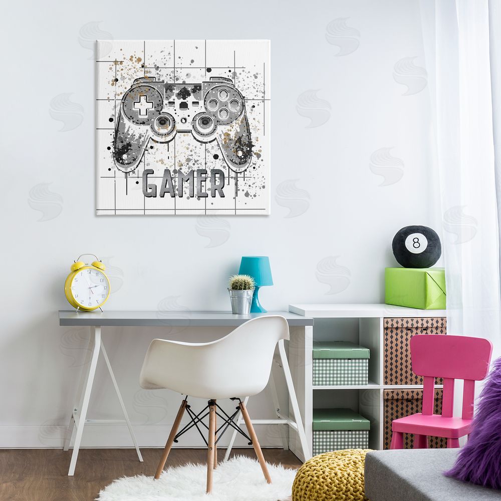Kim Allen Gamer with Pixel Splatter Canvas Art on Wall