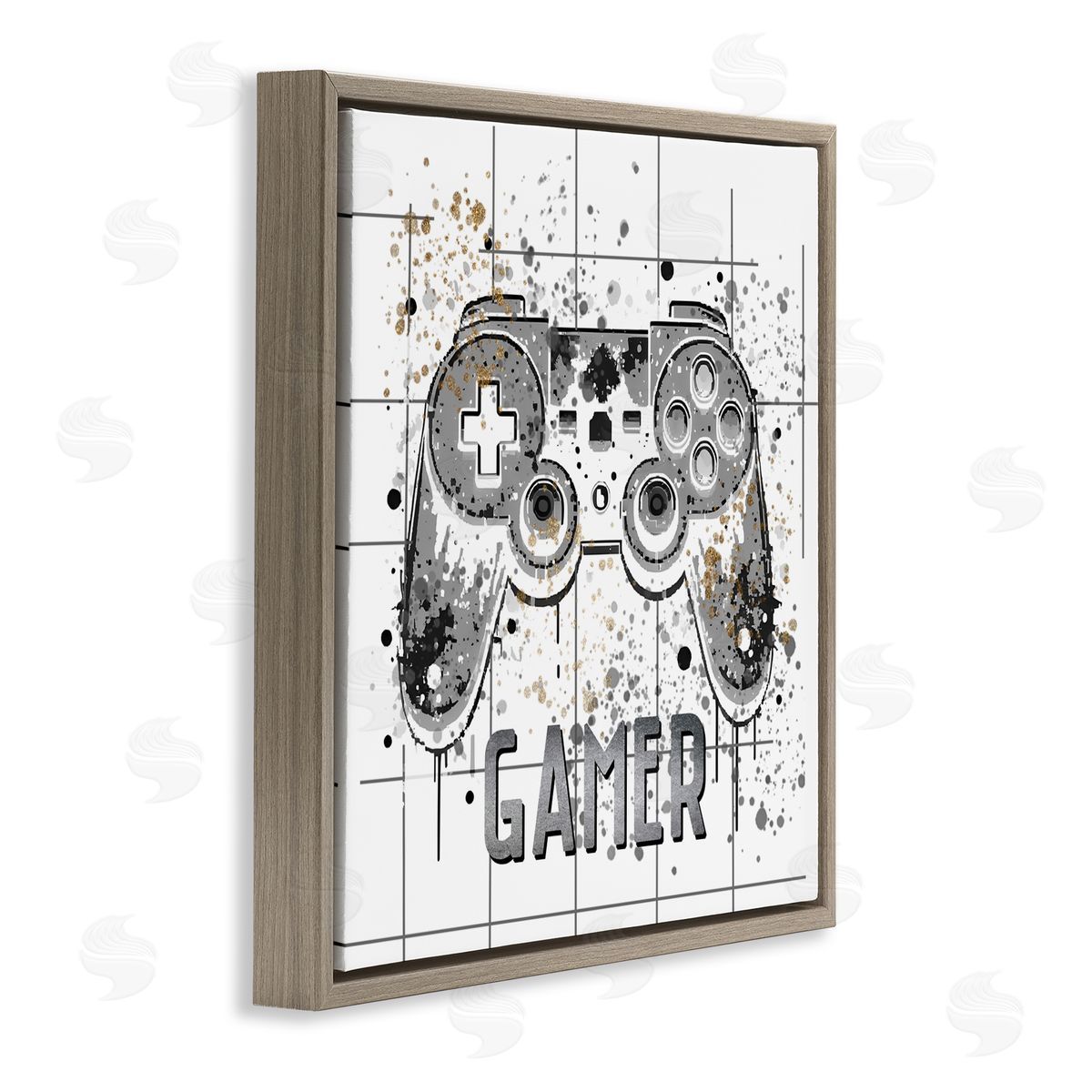 Kim Allen Gamer with Pixel Splatter Brown Floating Frame Canvas Wall Art Print