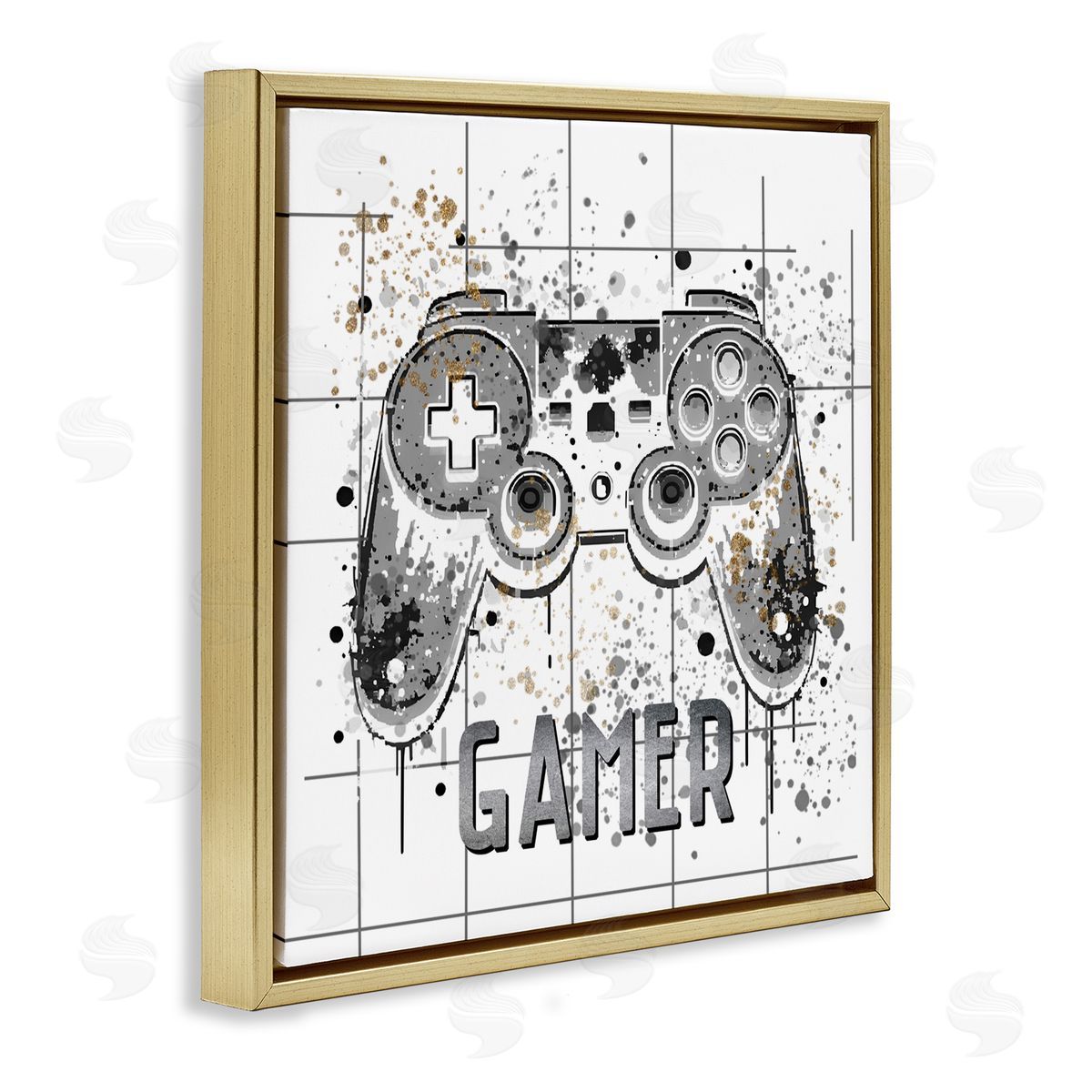 Kim Allen Gamer with Pixel Splatter Gold Floating Frame Canvas Wall Art Print