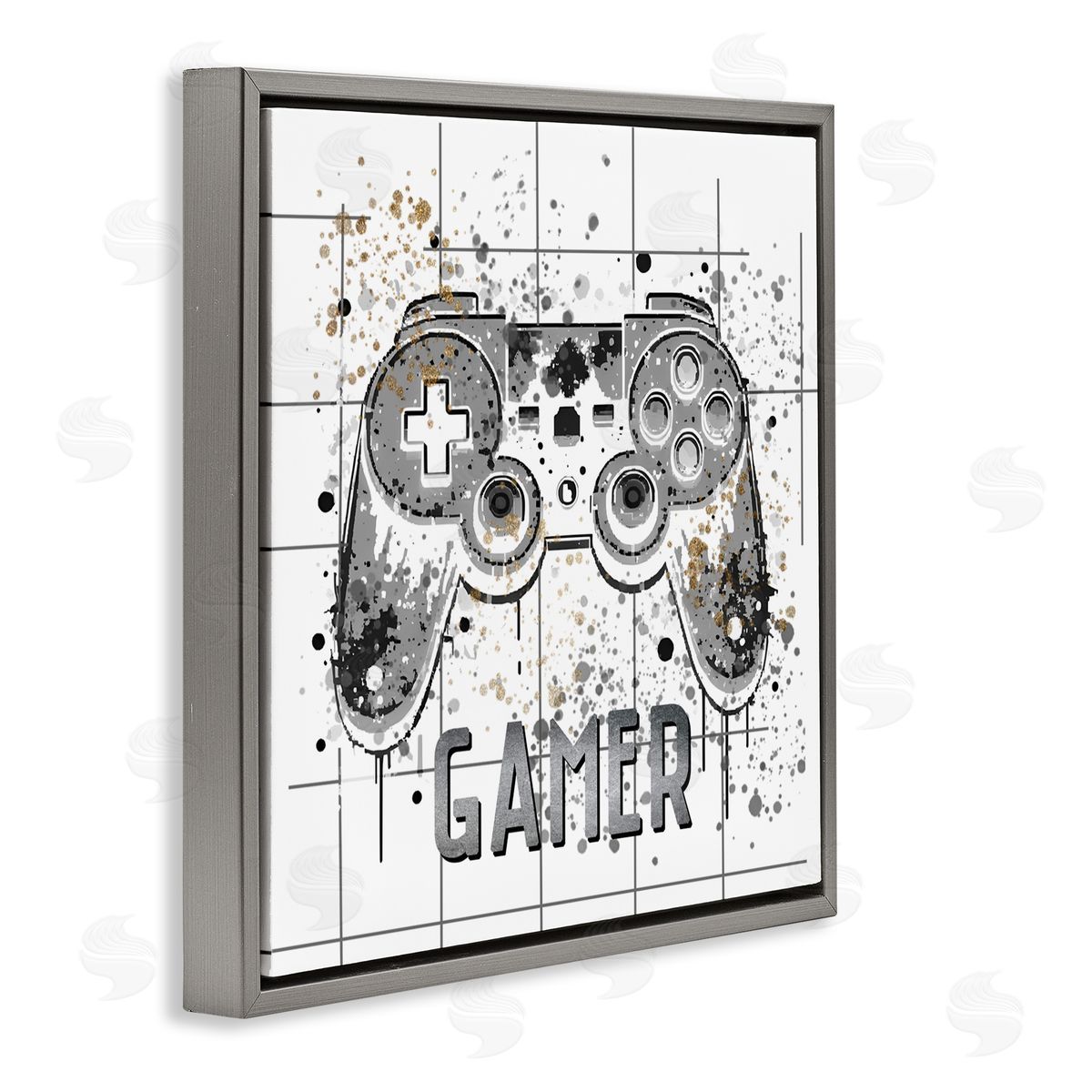 Kim Allen Gamer with Pixel Splatter Gray Floating Frame Canvas Wall Art Print