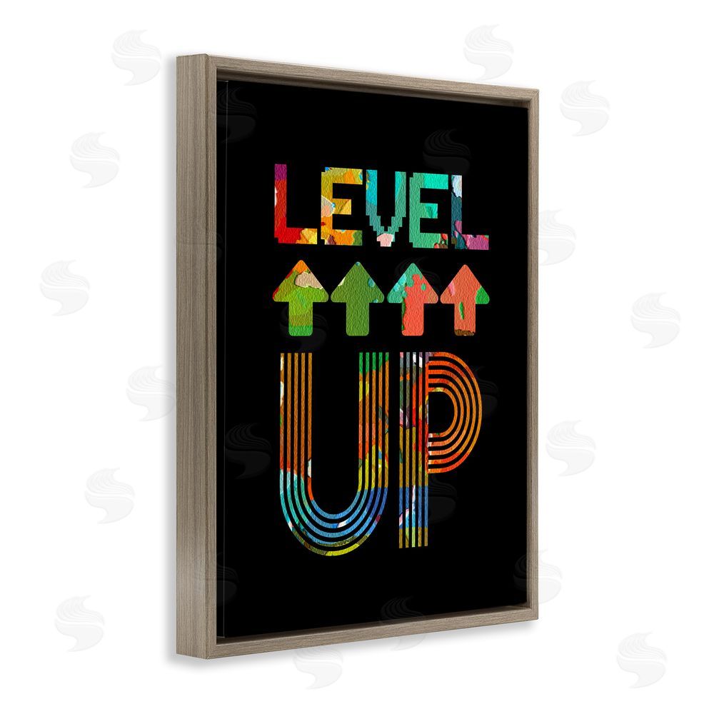 Marcus Prime Collaged Retro Level Up Brown Floating Frame Canvas Wall Art Print