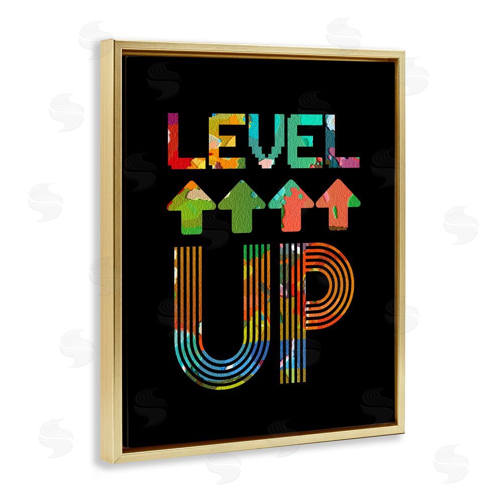 Marcus Prime Collaged Retro Level Up Gold Floating Frame Canvas Wall Art Print