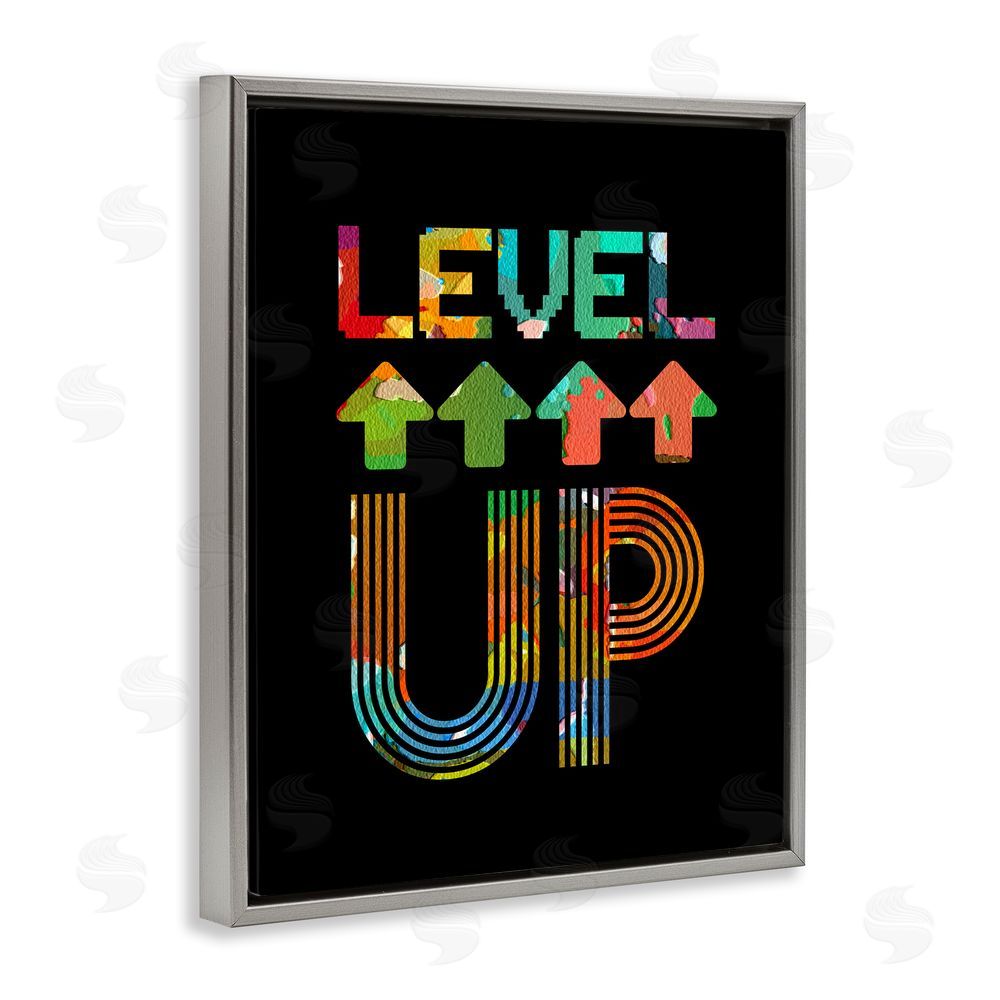 Marcus Prime Collaged Retro Level Up Gray Floating Frame Canvas Wall Art Print