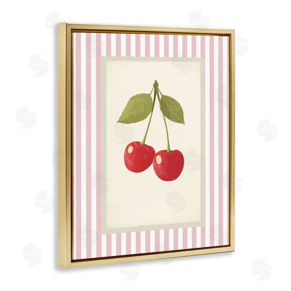 Christine Simpson Art Delicate Cherries on Stripes Gold Floating Frame Canvas Wall Art Print