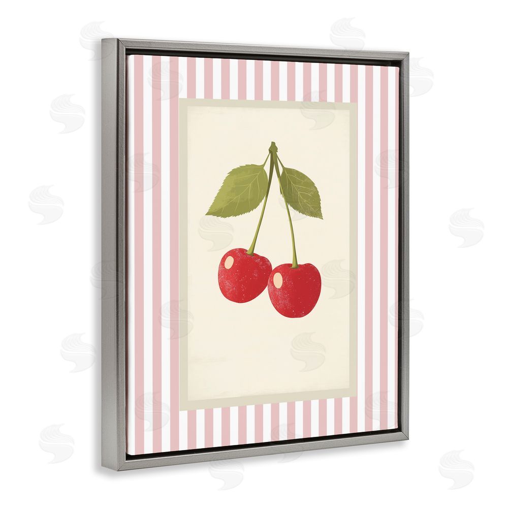 Christine Simpson Art Delicate Cherries on Stripes Gray Floating Frame Canvas Wall Art Print