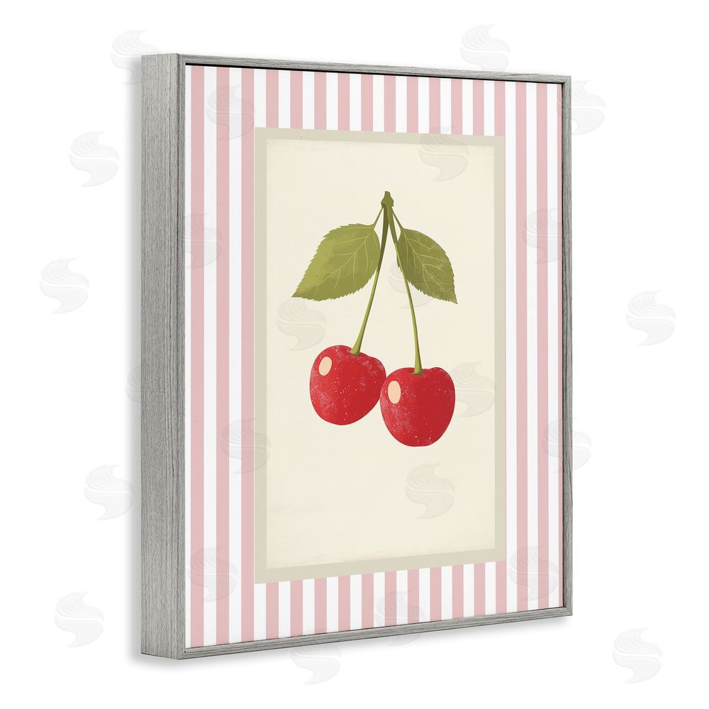 Christine Simpson Art Delicate Cherries on Stripes Gray Framed Giclee Wall Art Print