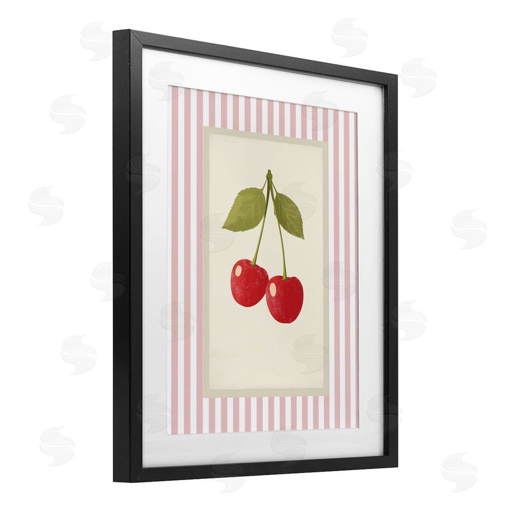 Christine Simpson Art Delicate Cherries on Stripes Black Framed Print Under Glass with White Mat Wall Art