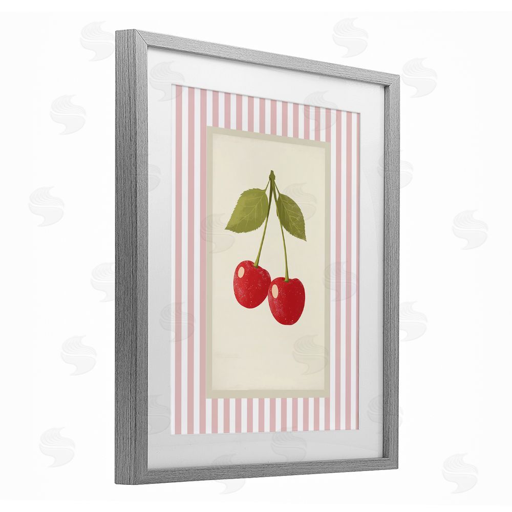 Christine Simpson Art Delicate Cherries on Stripes Gray Framed Print Under Glass with White Mat Wall Art