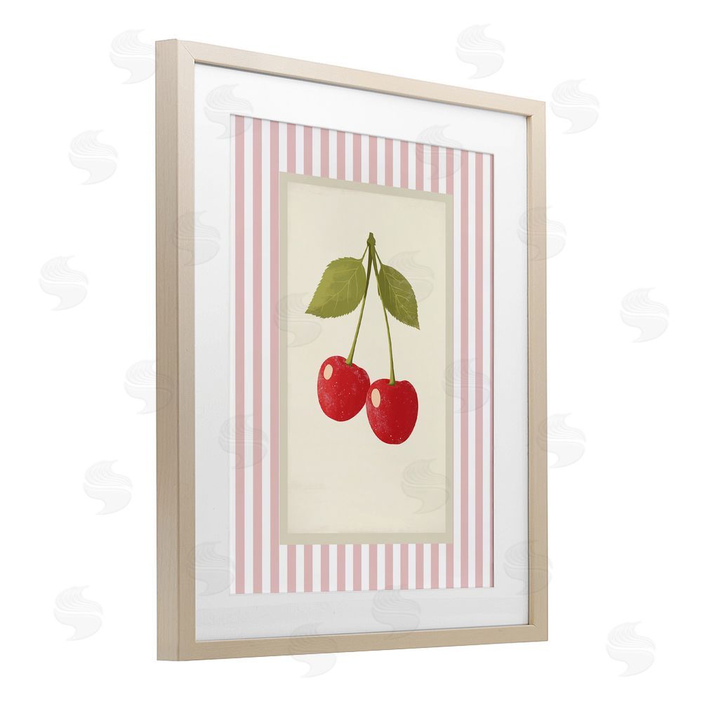 Christine Simpson Art Delicate Cherries on Stripes Birch Framed Print Under Glass with White Mat Wall Art