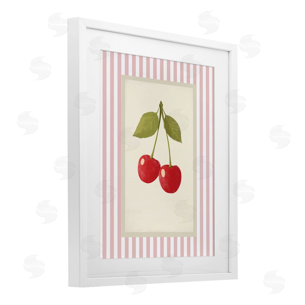 Christine Simpson Art Delicate Cherries on Stripes White Framed Print Under Glass with Mat Wall Art