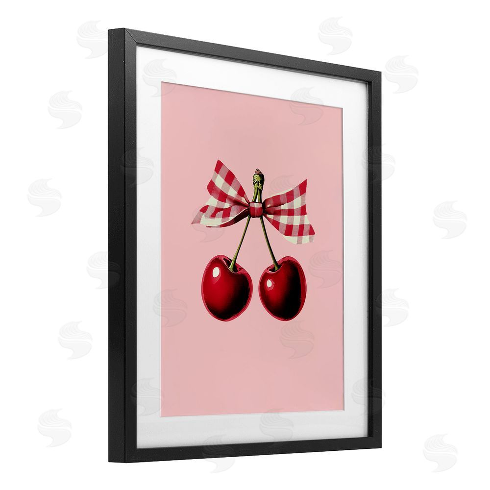 Christine Simpson Art Cherries with Gingham Bow Black Framed Print Under Glass with White Mat Wall Art