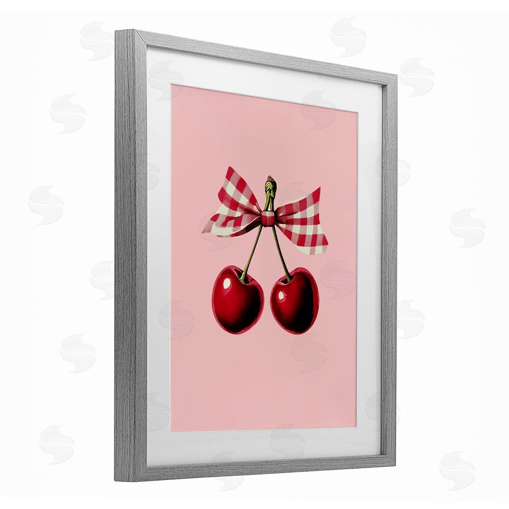 Christine Simpson Art Cherries with Gingham Bow Gray Framed Print Under Glass with White Mat Wall Art