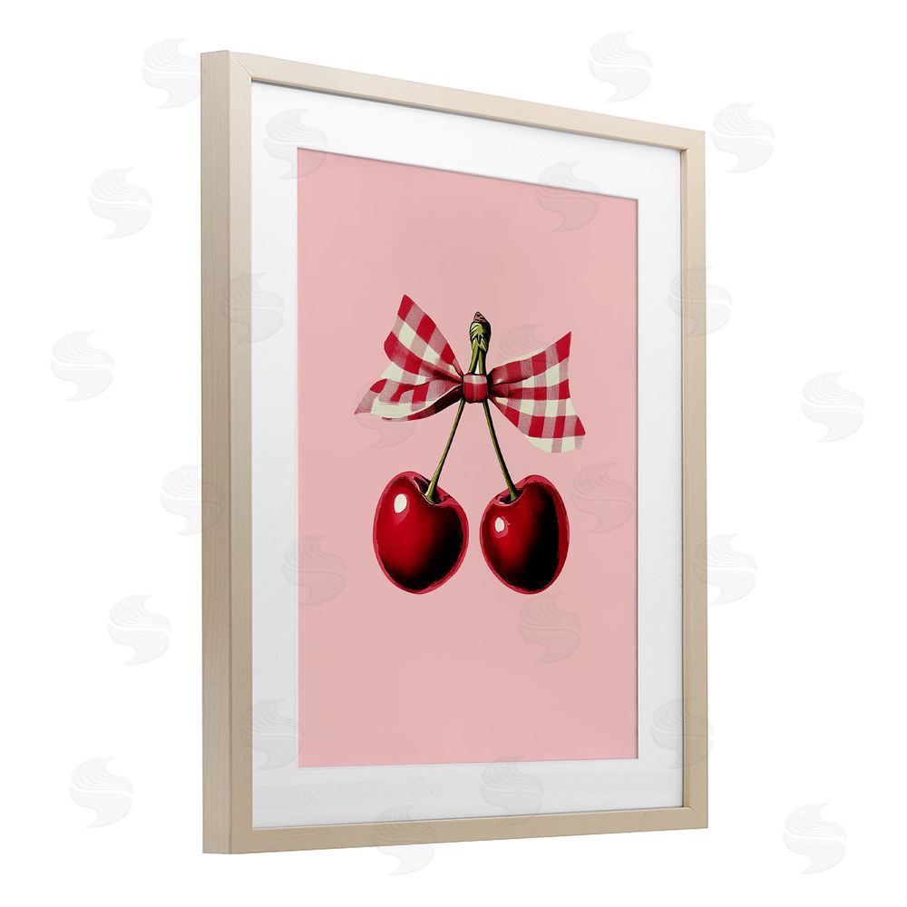 Christine Simpson Art Cherries with Gingham Bow Birch Framed Print Under Glass with White Mat Wall Art