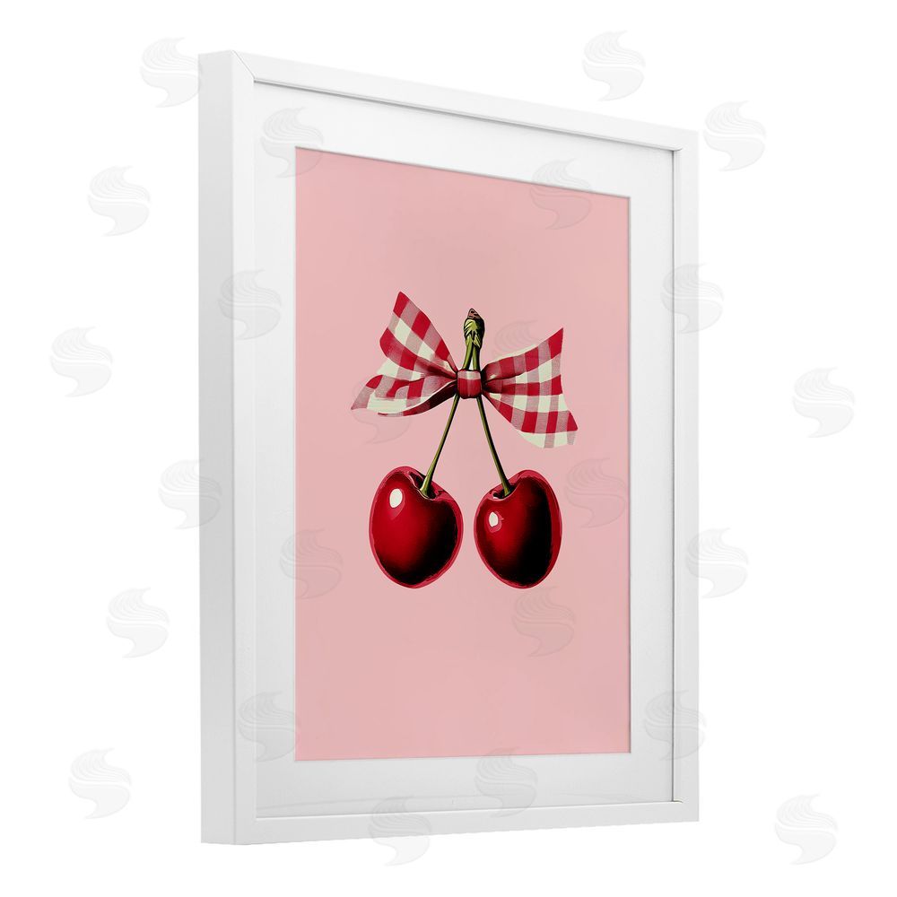 Christine Simpson Art Cherries with Gingham Bow White Framed Print Under Glass with Mat Wall Art