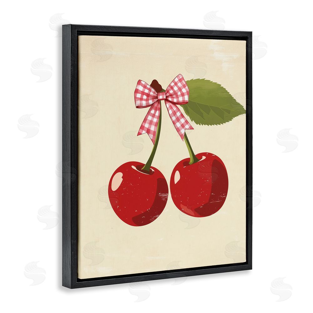 Christine Simpson Art Cherries with Pink Plaid Bow Black Floating Frame Canvas Wall Art Print