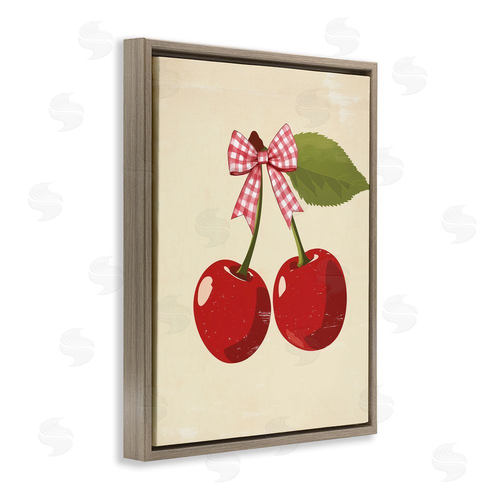 Christine Simpson Art Cherries with Pink Plaid Bow Brown Floating Frame Canvas Wall Art Print