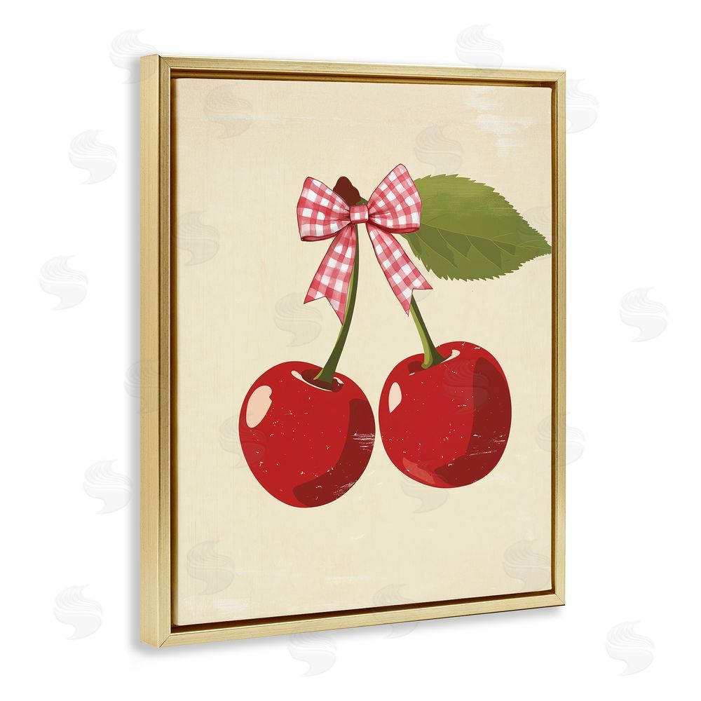 Christine Simpson Art Cherries with Pink Plaid Bow Gold Floating Frame Canvas Wall Art Print
