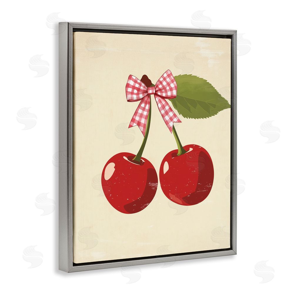 Christine Simpson Art Cherries with Pink Plaid Bow Gray Floating Frame Canvas Wall Art Print