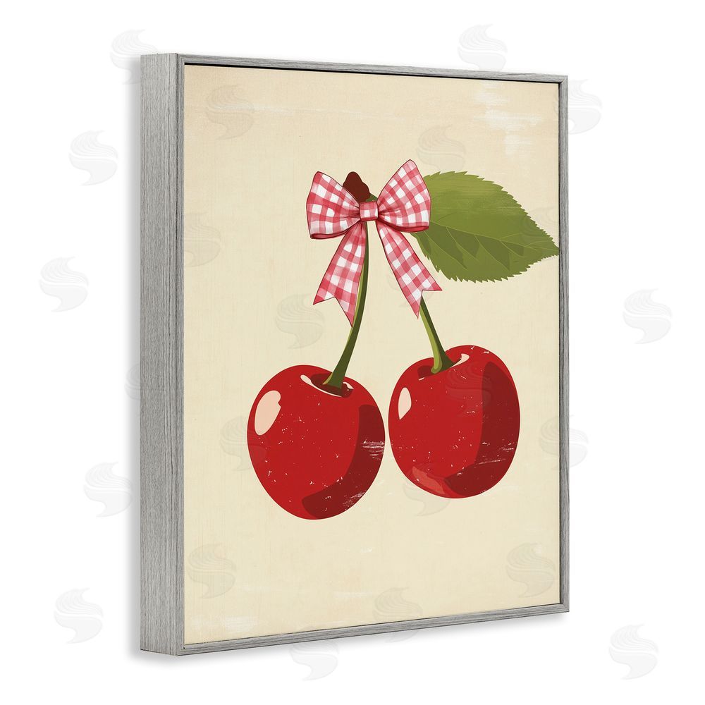Christine Simpson Art Cherries with Pink Plaid Bow Gray Framed Giclee Wall Art Print