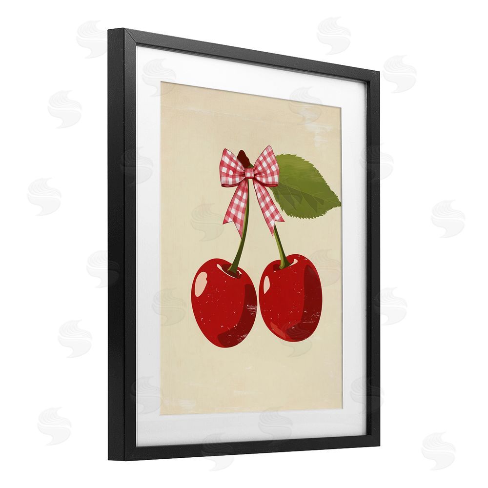 Christine Simpson Art Cherries with Pink Plaid Bow Black Framed Print Under Glass with White Mat Wall Art