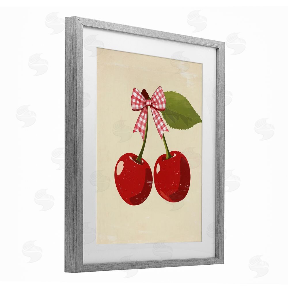 Christine Simpson Art Cherries with Pink Plaid Bow Gray Framed Print Under Glass with White Mat Wall Art