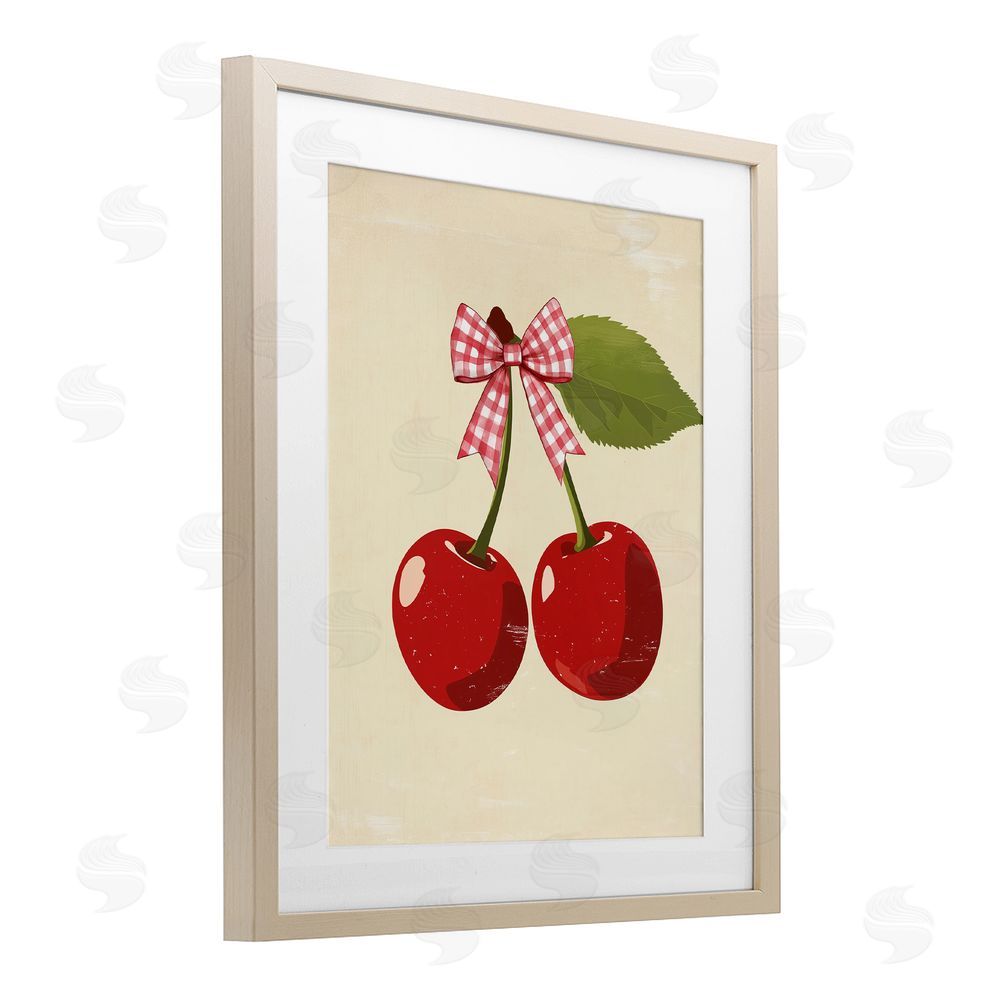 Christine Simpson Art Cherries with Pink Plaid Bow Birch Framed Print Under Glass with White Mat Wall Art