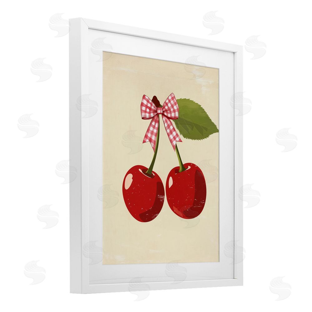 Christine Simpson Art Cherries with Pink Plaid Bow White Framed Print Under Glass with Mat Wall Art