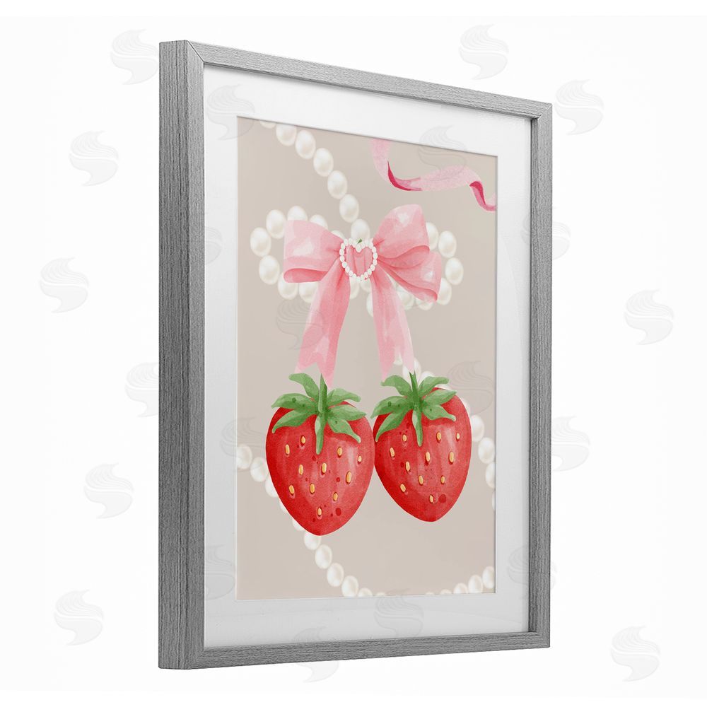 Jesse Keith Feminine Strawberry Pearls Gray Framed Print Under Glass with White Mat Wall Art