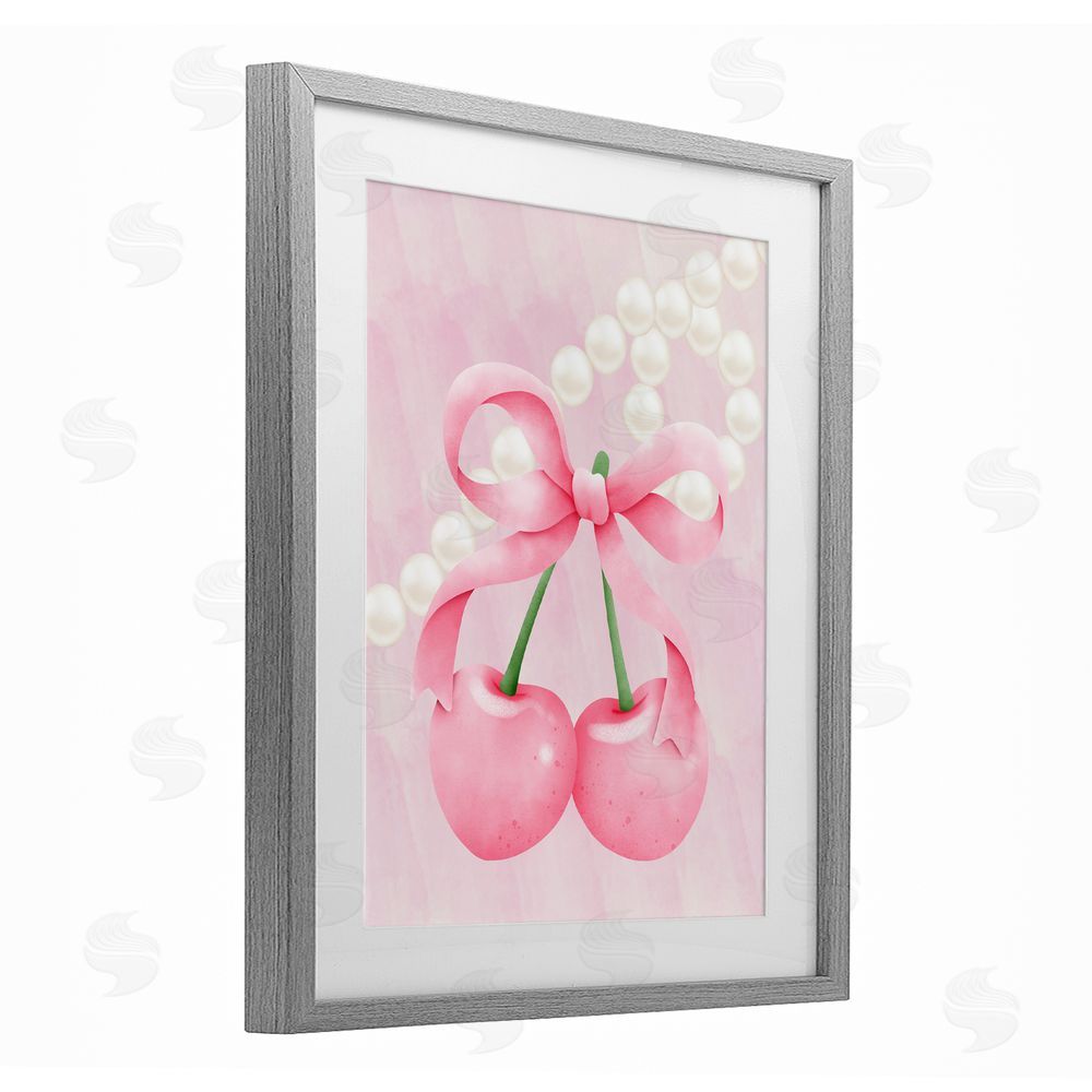 Jesse Keith Pastel Cherries with Pearls Gray Framed Print Under Glass with White Mat Wall Art