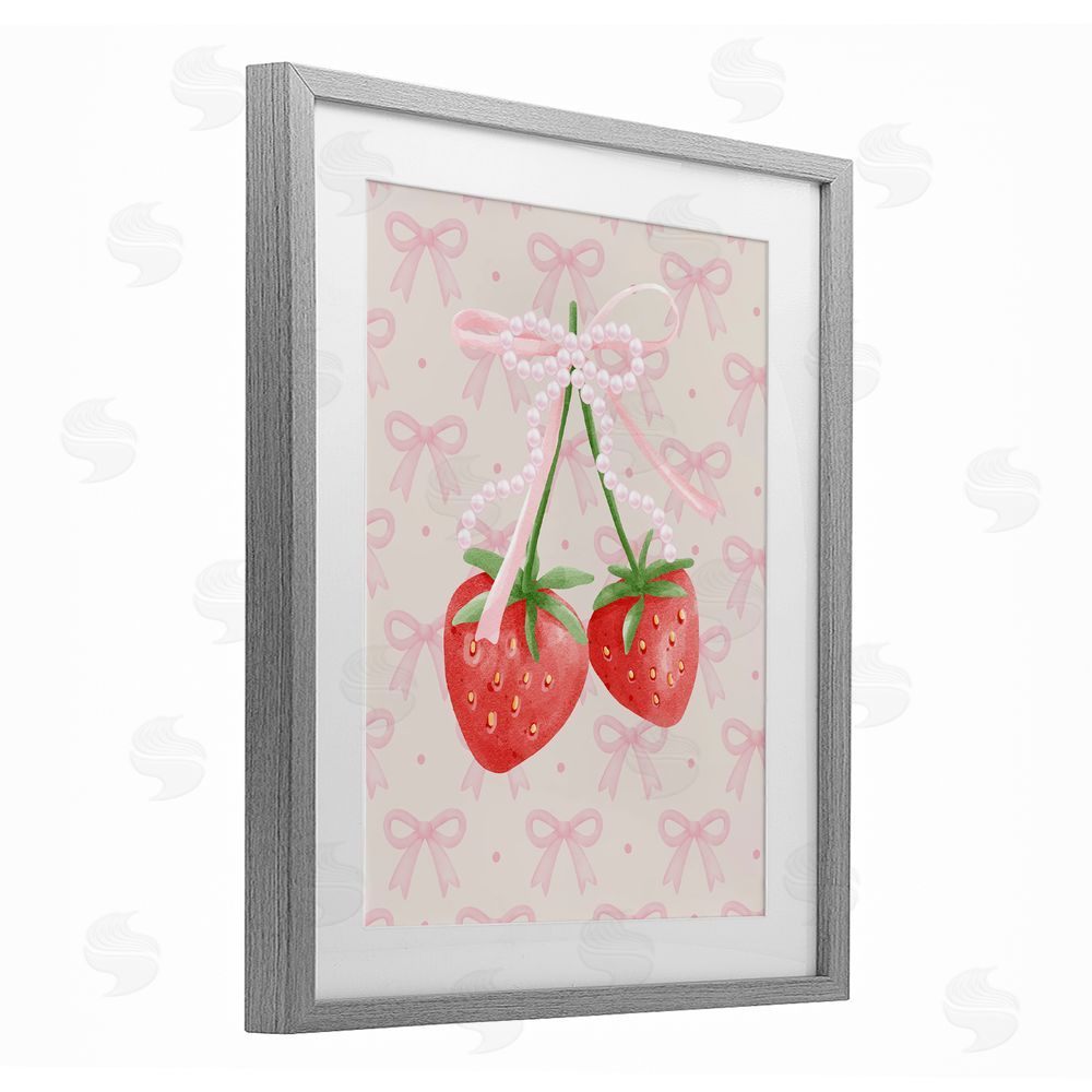 Jesse Keith Bows & Berries Strawberry Gray Framed Print Under Glass with White Mat Wall Art