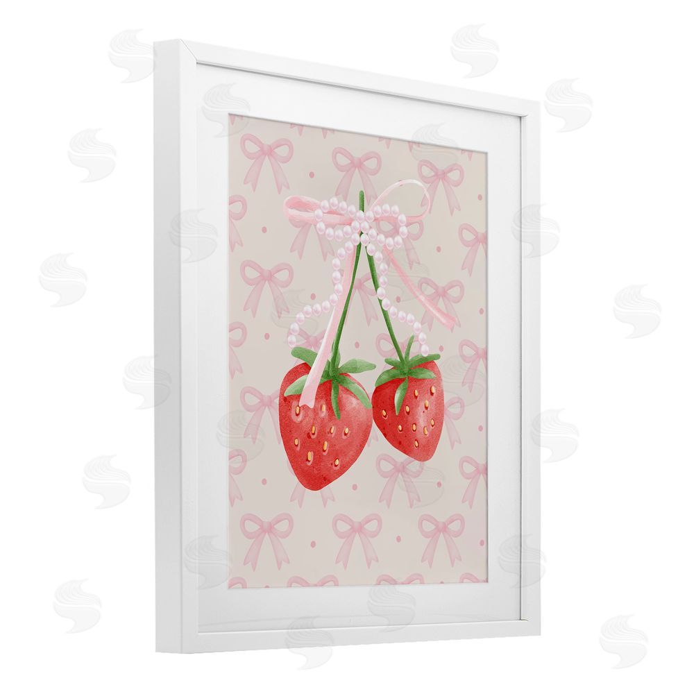 Jesse Keith Bows & Berries Strawberry White Framed Print Under Glass with Mat Wall Art