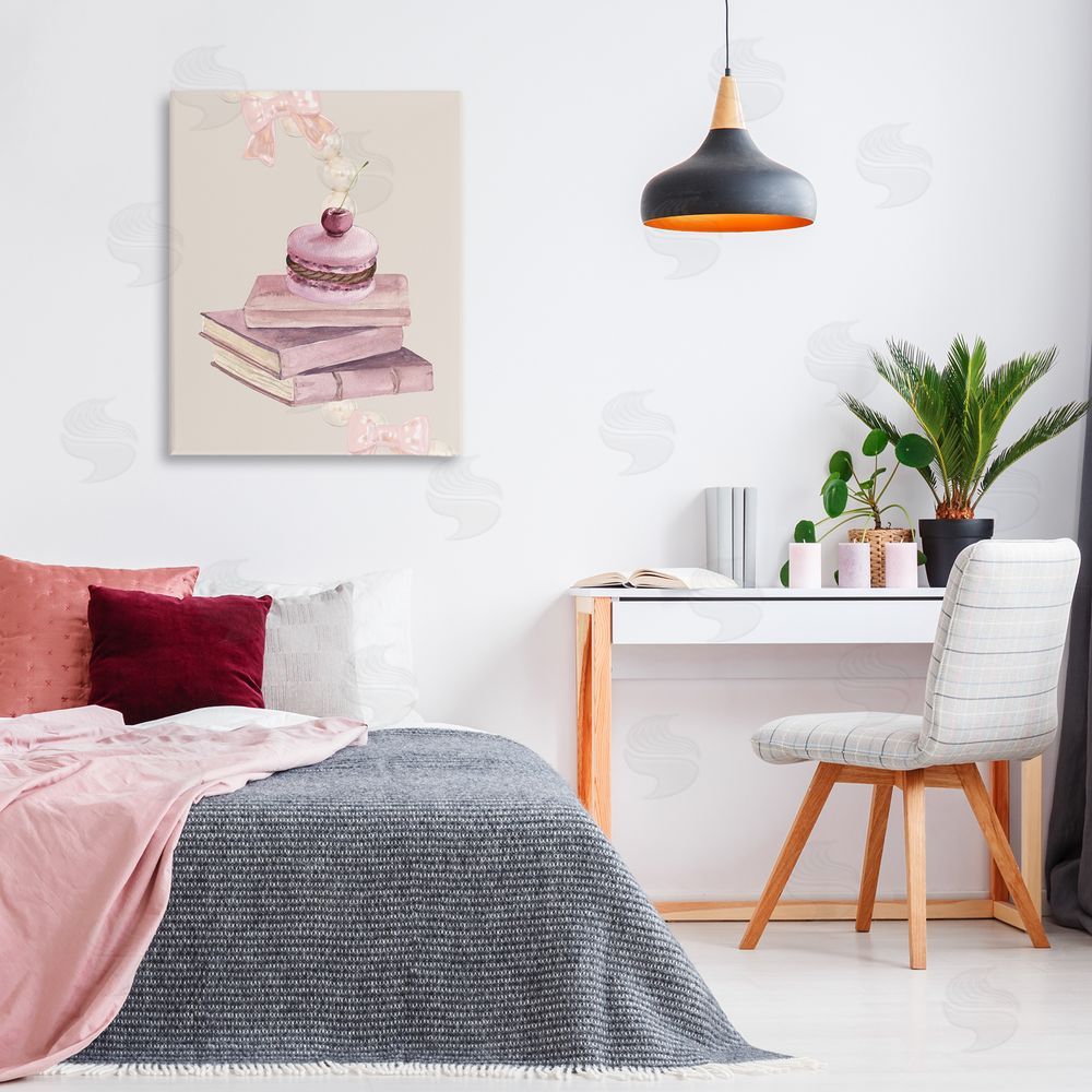 Jesse Keith Cherry Macaron on Book Stack Canvas Art on Wall