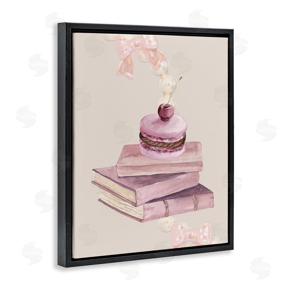 Jesse Keith Cherry Macaron on Book Stack Black Floating Frame Canvas Wall Art Print