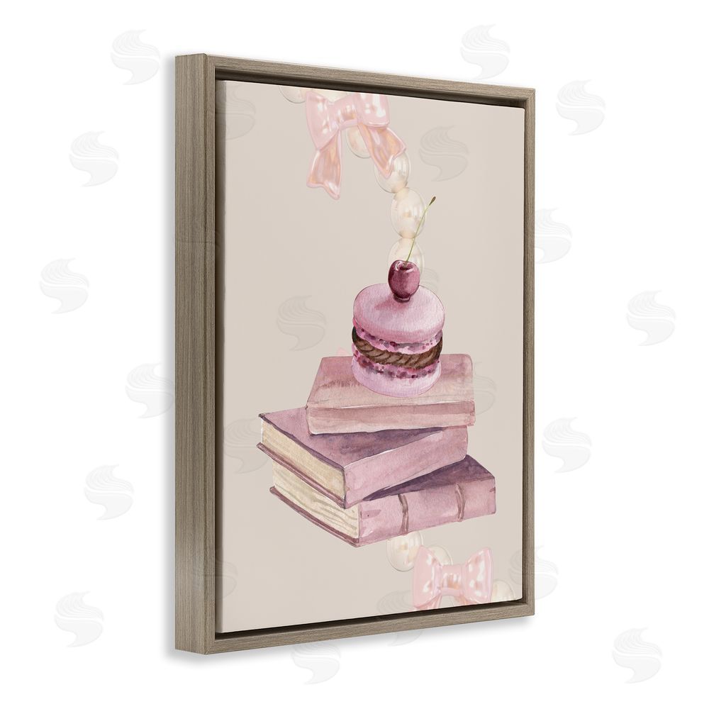Jesse Keith Cherry Macaron on Book Stack Brown Floating Frame Canvas Wall Art Print