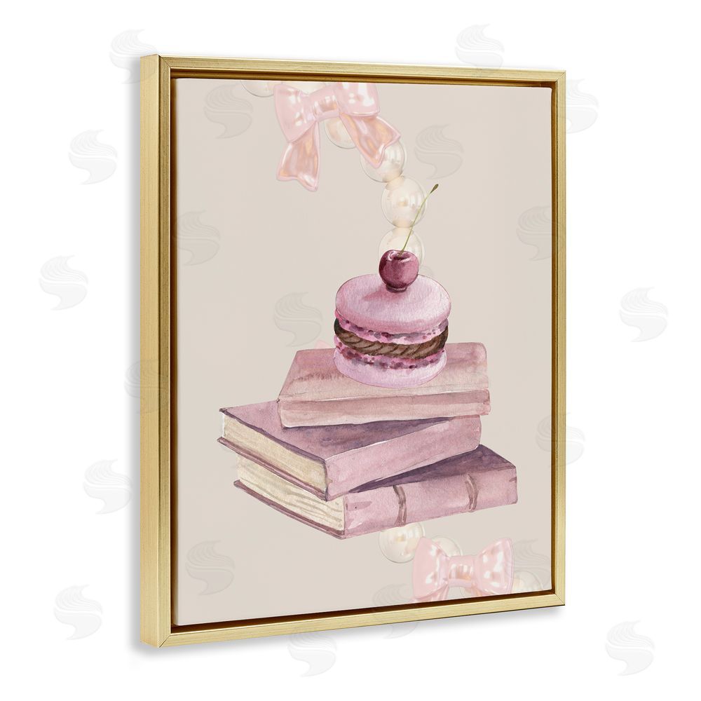 Jesse Keith Cherry Macaron on Book Stack Gold Floating Frame Canvas Wall Art Print