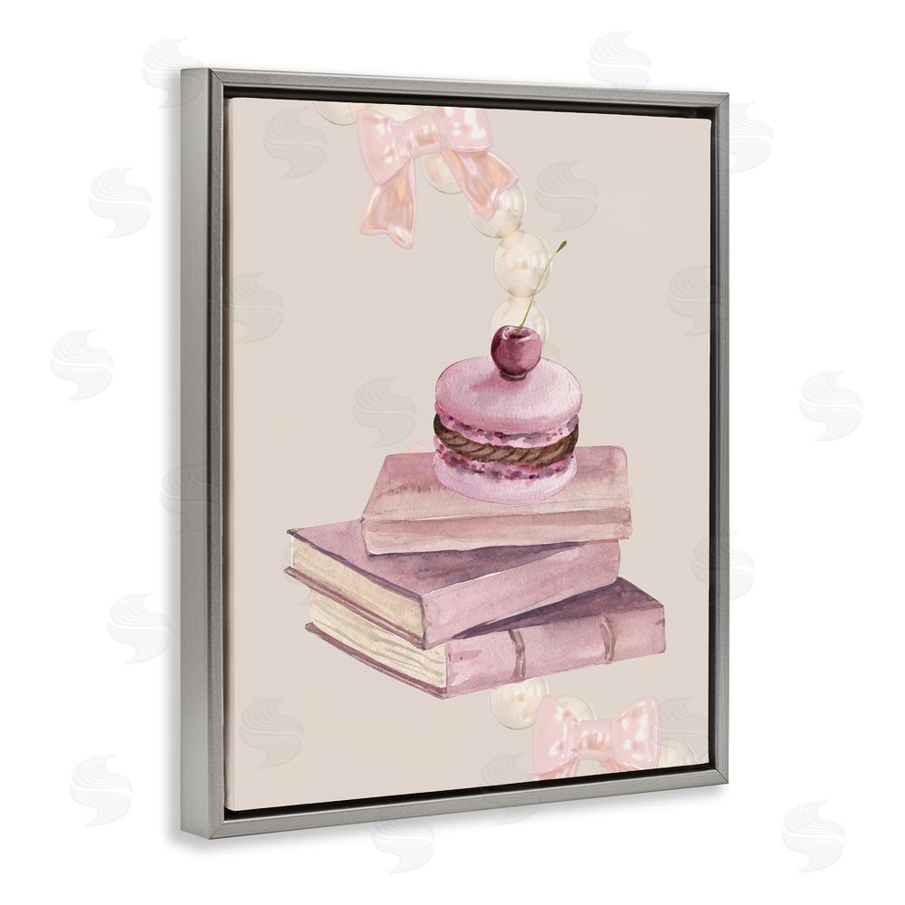 Jesse Keith Cherry Macaron on Book Stack Gray Floating Frame Canvas Wall Art Print