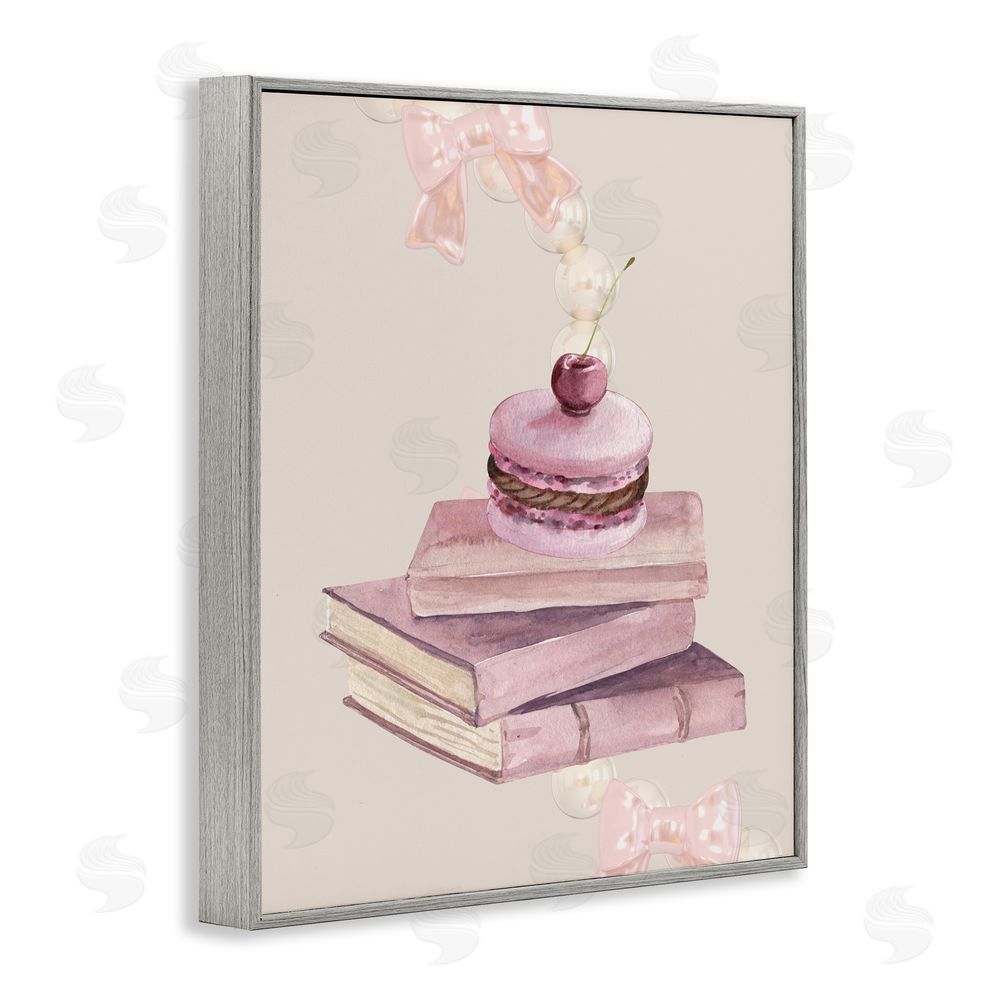 Jesse Keith Cherry Macaron on Book Stack Gray Framed Giclee Wall Art Print