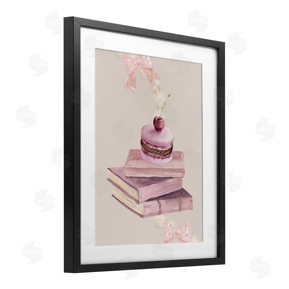 Jesse Keith Cherry Macaron on Book Stack Black Framed Print Under Glass with White Mat Wall Art