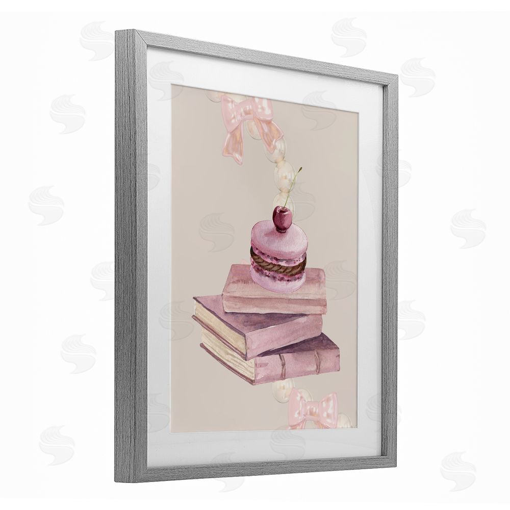 Jesse Keith Cherry Macaron on Book Stack Gray Framed Print Under Glass with White Mat Wall Art